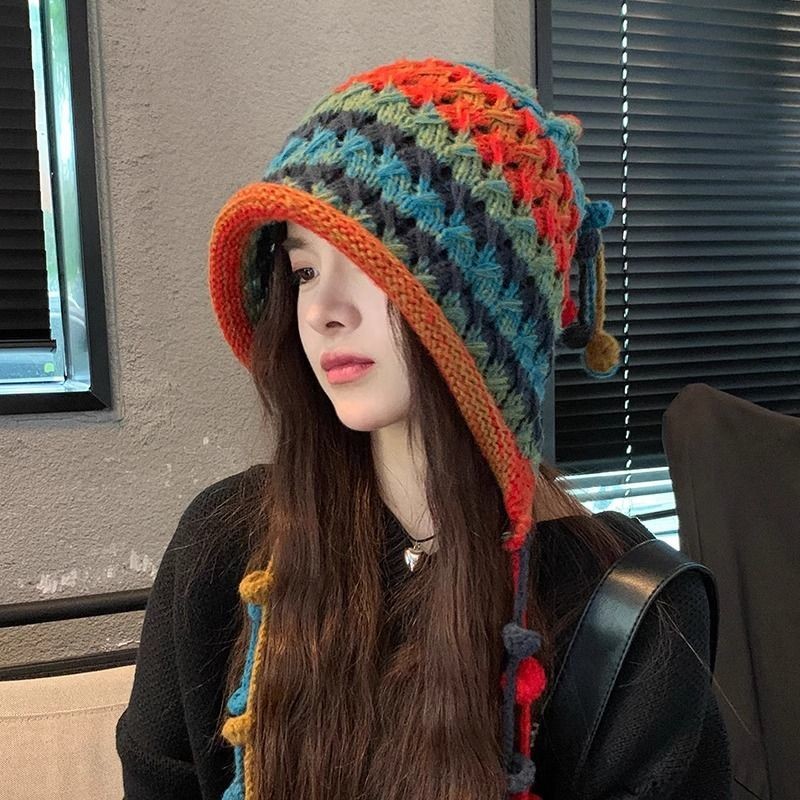 [Saror]Topi Wol Wanita Pelindung Telinga Pullover Topi Rajut Buatan Tangan