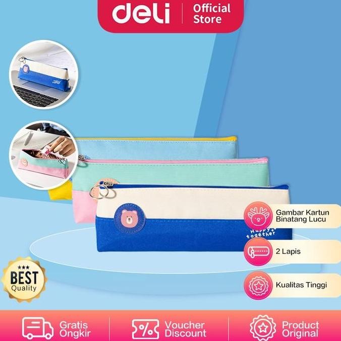 

original deli pencil pouch 2 lapis 20cm motif lucu eh908 - tempat pensil kain happy together