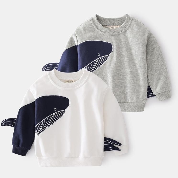 513582 3D Atasan Sweater Paus Lengan Panjang Anak Lakilaki Motif Side Whale