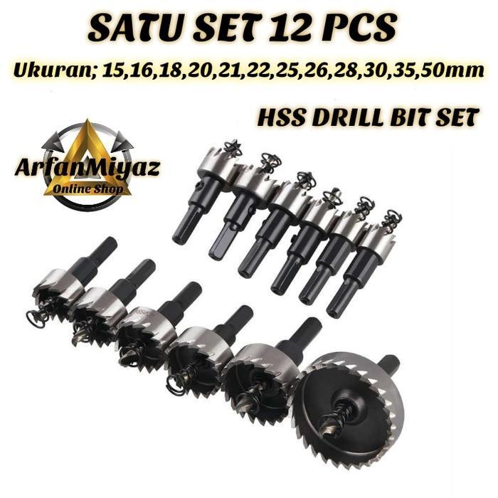 Mata Bor Hss Hole Saw Set 12 Pcs Size 15-50Mm Pelubang Plat Besi Original Dan Terpercaya