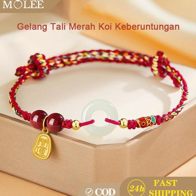 Baru Gelang Koi Pembuka Rejeki Batu Merah Asli & Giok Hetian - Tali Double Warna Unisex Jimat Pelind