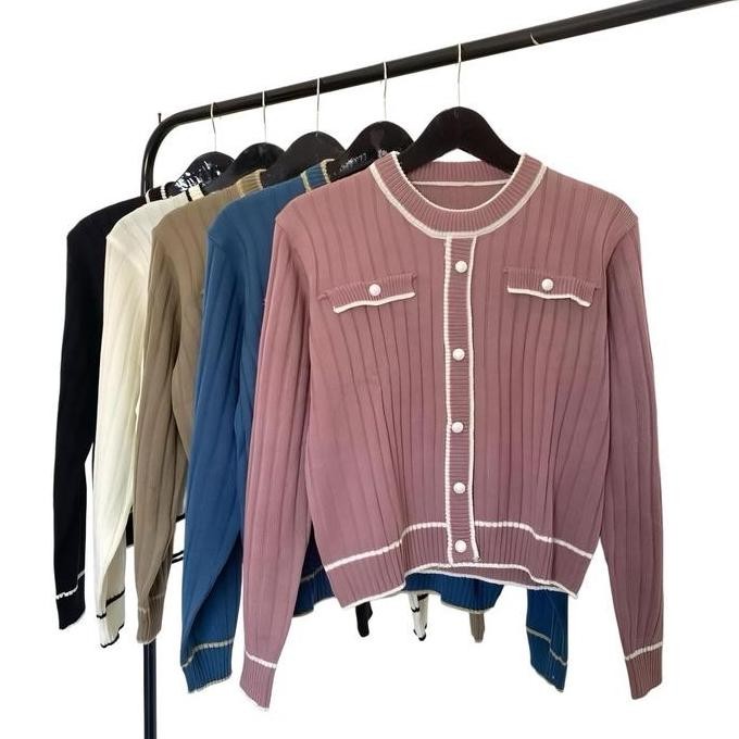 Himawari Knitwear Cardigan Rajut Wanita Kancing Depan Variasi baju rajut wanita korea Atasan Sweater