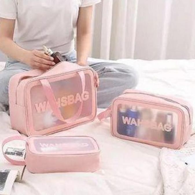 Washbag Tas Kosmetik/ Tas Washbag Pouch/ Tas Multifungsi/ Tas Washbag Transparan Bahan Tebal Kulit P