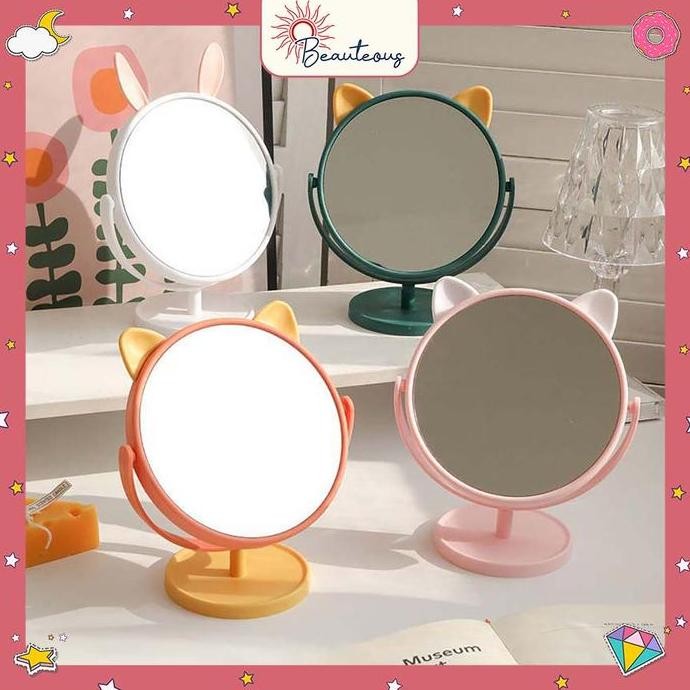 Cermin Kaca Meja Rias Bulat Motif Telinga Kucing Kelinci Cermin Meja