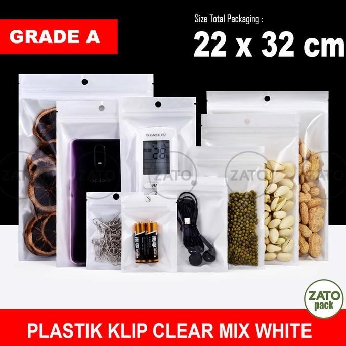 

22x32 cm 100 pcs Plastik klip plastik ziplock putih mix clear bungkus kemasan packaging ZATOPACK