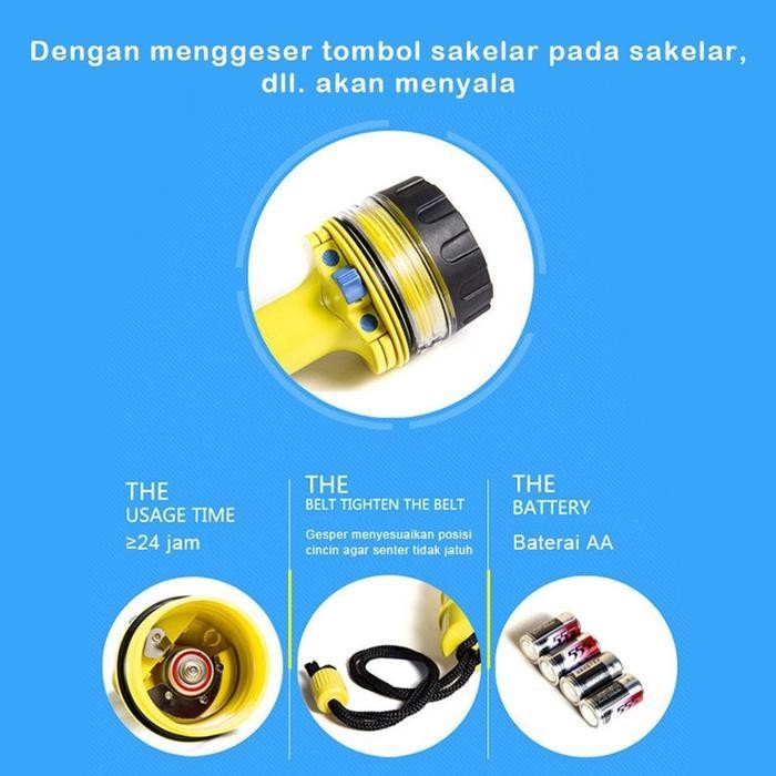 Senter Selam Anti Air Scuba Diving Torch Led Flashlight Waterproof 50M Underwater Laut Original Dan 