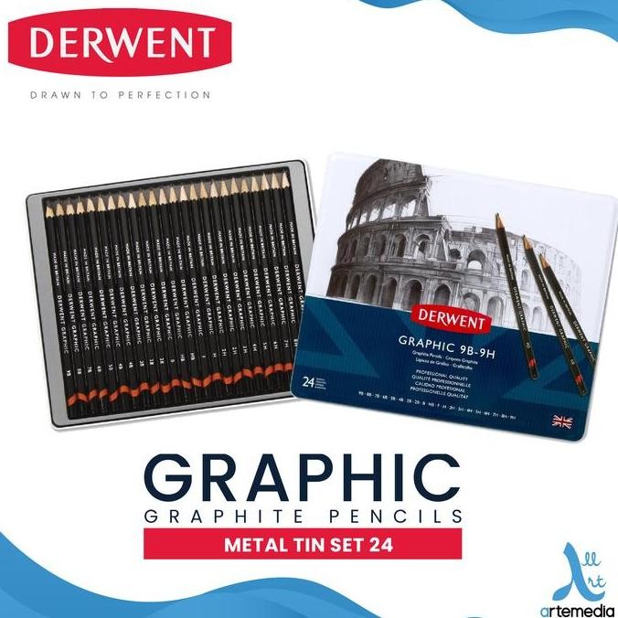 

NEW Pensil Gambar Derwent Graphic Pencil 24 Metal Tin Drawing Sketching