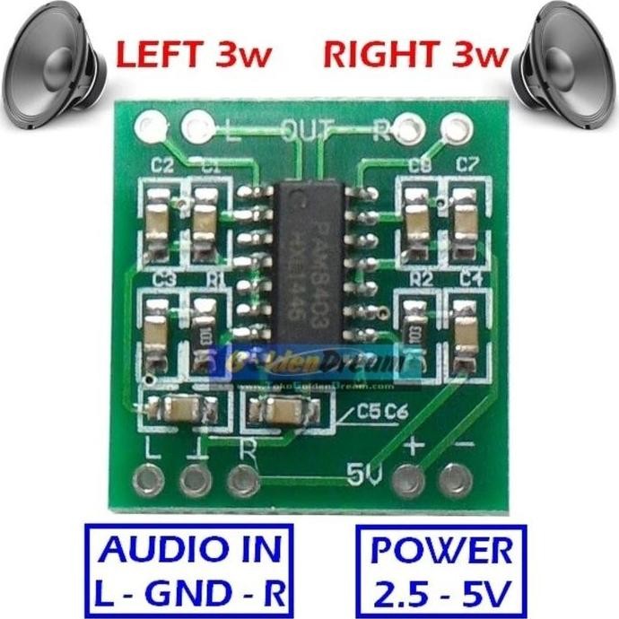 POWER MINI AMPLI AMPLIFIER SUARA MUSIK MUZIK BOK BOX 3W 3WATT 3 WATT W 2.5V 3V 5V STEREO BUAT KIT MO