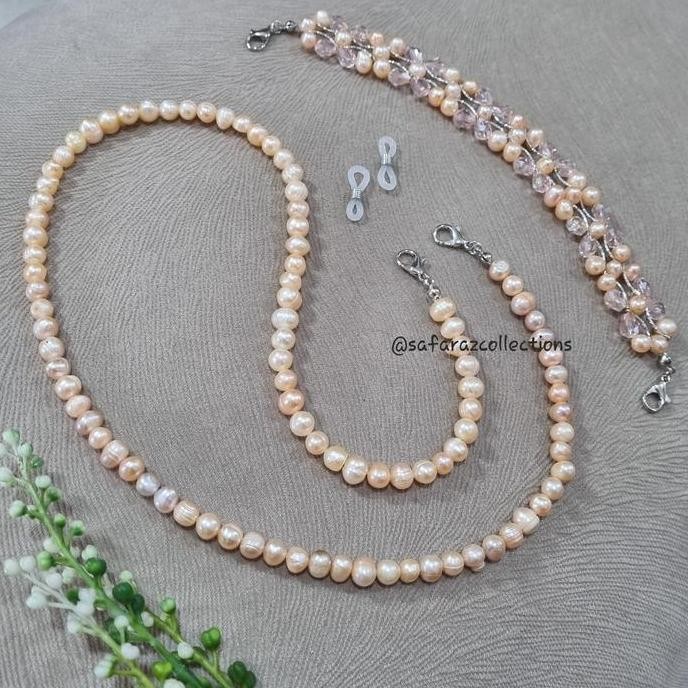 Baru  Set Kalung / Strap Masker dan Konektor Masker Mutiara Air Tawar Asli
