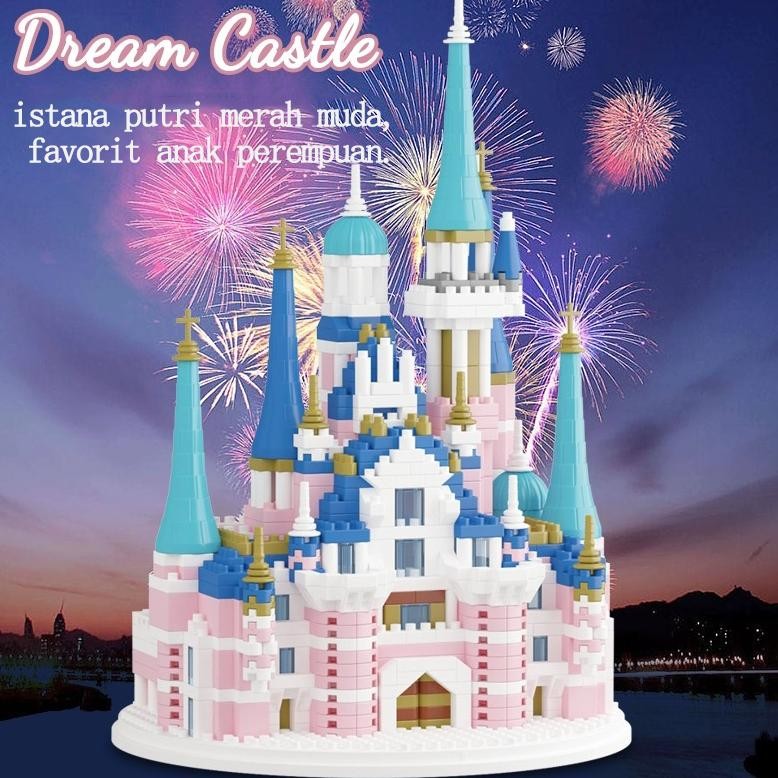 ''Terlaris" Model Blok Bangunan Istana Putri Set Merah Muda Biru Kota Gereja Klasik Mainan Konstruks