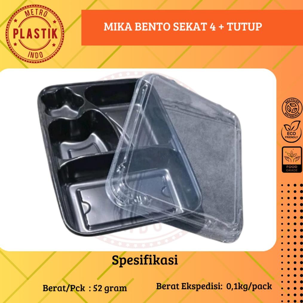 Mika Bento Sekat 4 + Tutup - Eceran Mika Bento Hitam Box Sekat 4 - Tray Bento Mika Lunch Kotak Cater
