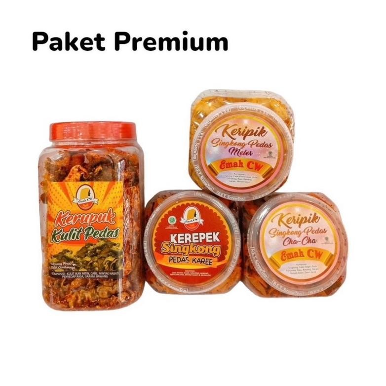 

4 Pcs Paket Keripik Premium ( Kerupuk Kulit Pedas manje toples, Pedas Meler, Pedas Kare, Pedas Cha-Cha )