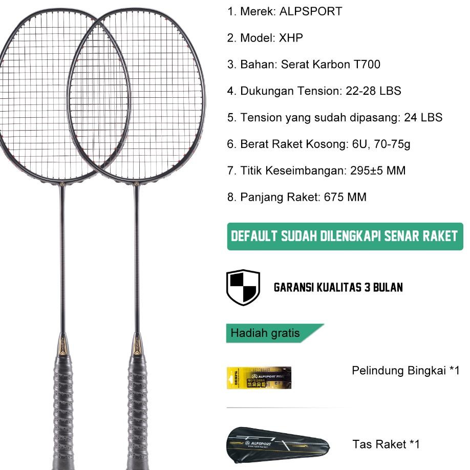 Alpsport X2Pcs Tas6U G4 Max 28Lbs Hitam Raket Tangkis T700 Serat Karbon Penuh Bton Raet Set Berkuali