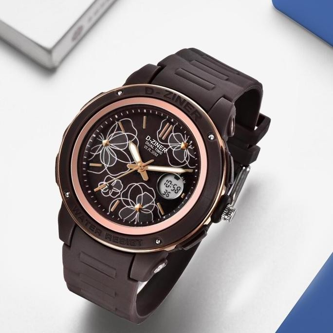 Dziner Jam Tangan Wanita Dziner 8311 Rubber Double Time Water Resistant 3 Atm Watches