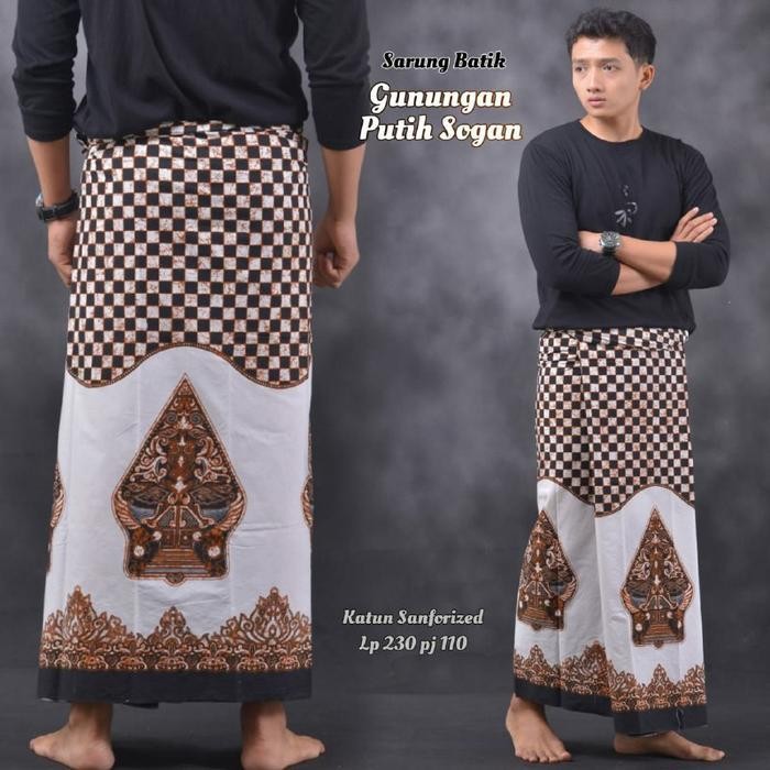 Sarung Batik Gunungan Putih Clasic Katun Putih Cokelat Hitam Pekalongan Muslim Dewasa  Santri  Motif