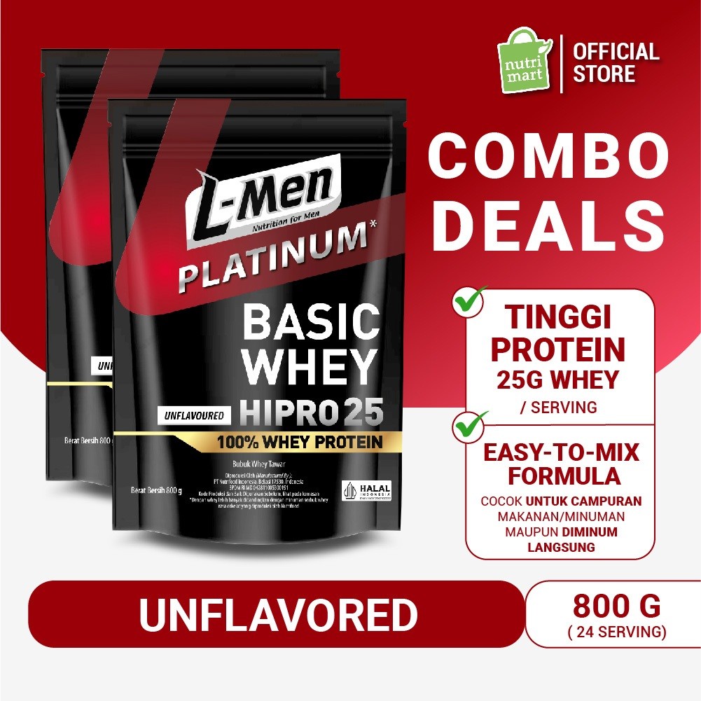 Twin Pack : L-Men Platinum Basic Whey Protein Unflavoured 800gr/1.8lbs - 25g Whey Protein � 24 Servi