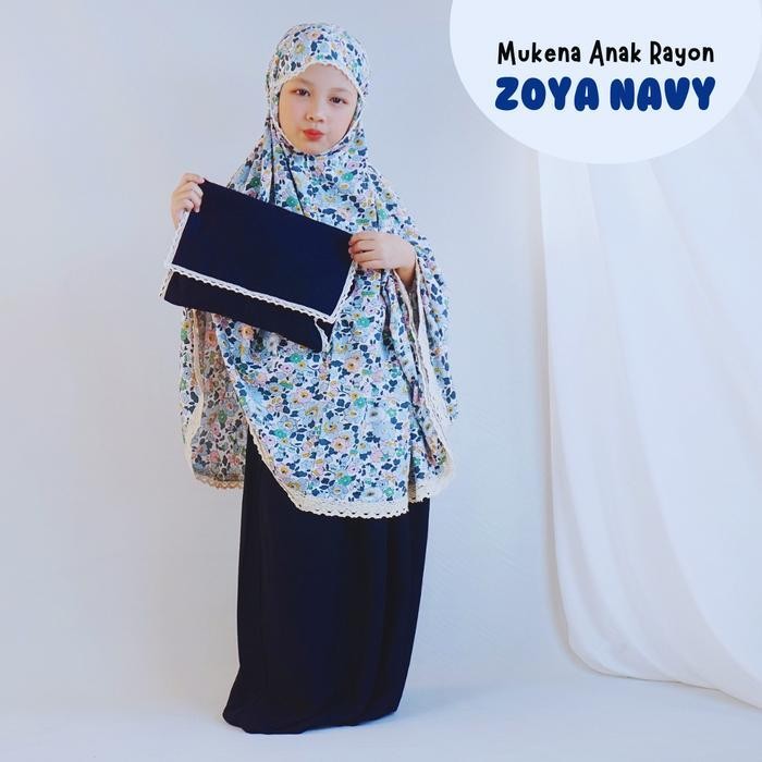 RHS Mukena Couple Rayon Premium Renda Motif Zoya Navy - Mukenah Cantik