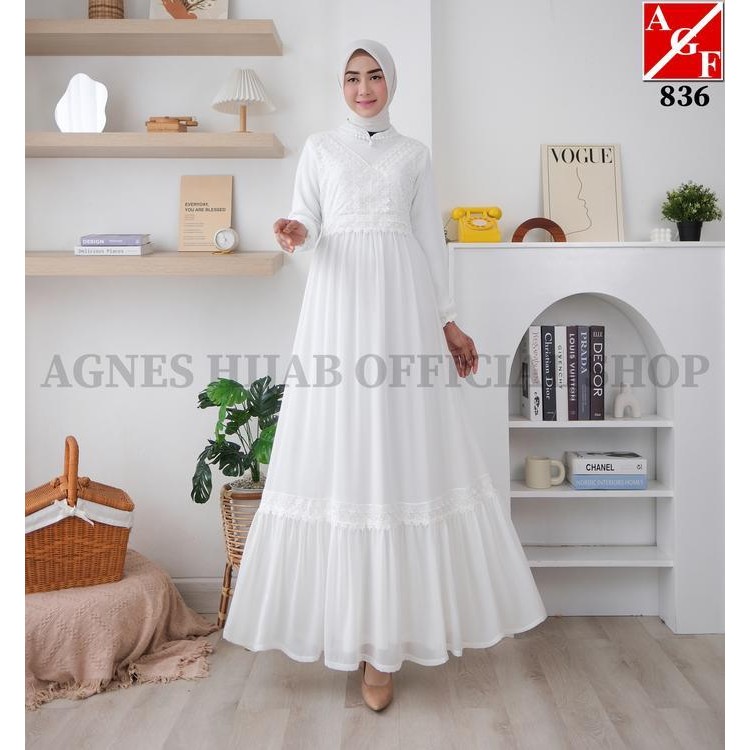 Agnes Hijab - Jihan Dress Gamis Putih Premium Baju Lebaran 2025 Gaun Pesta Mewah Simple Elegan Aesth
