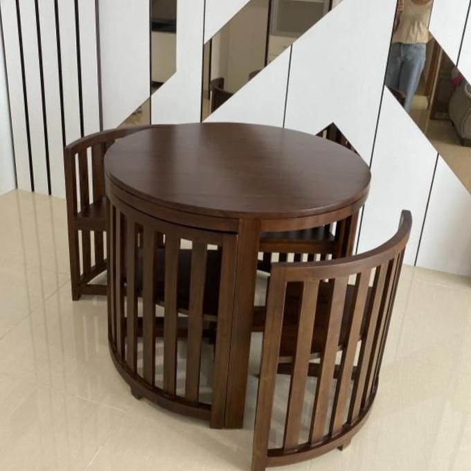 Meja Makan Minimalis Bulat 4 Kursi - Meja Makan Kayu Jati