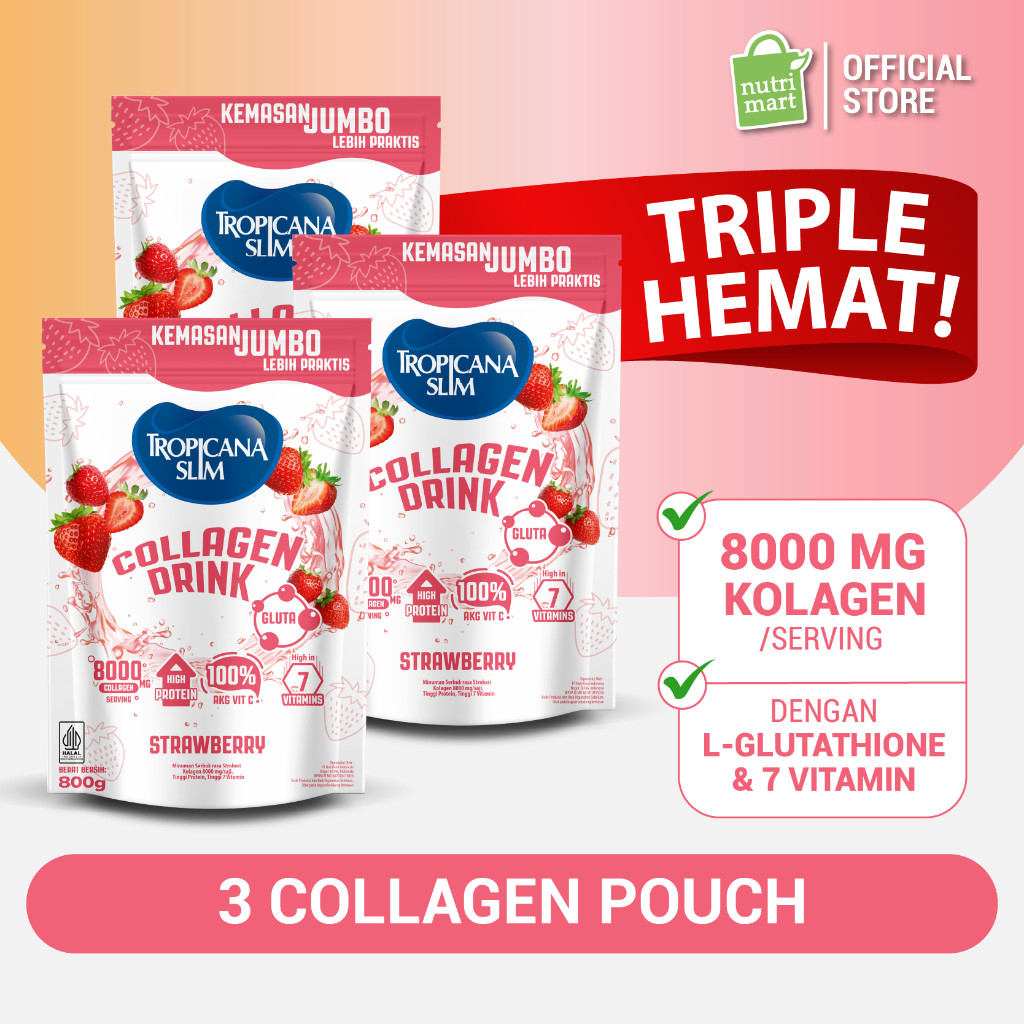 Triple Pack - Tropicana Slim Collagen Drink Strawberry 800g dengan Glutation - Kolagen Bebas Gula de