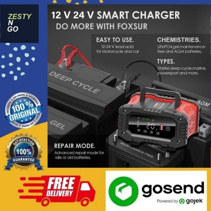 Foxsur Charger Baterai Aki Mobil Motor Portable 20A 300W 12/24V