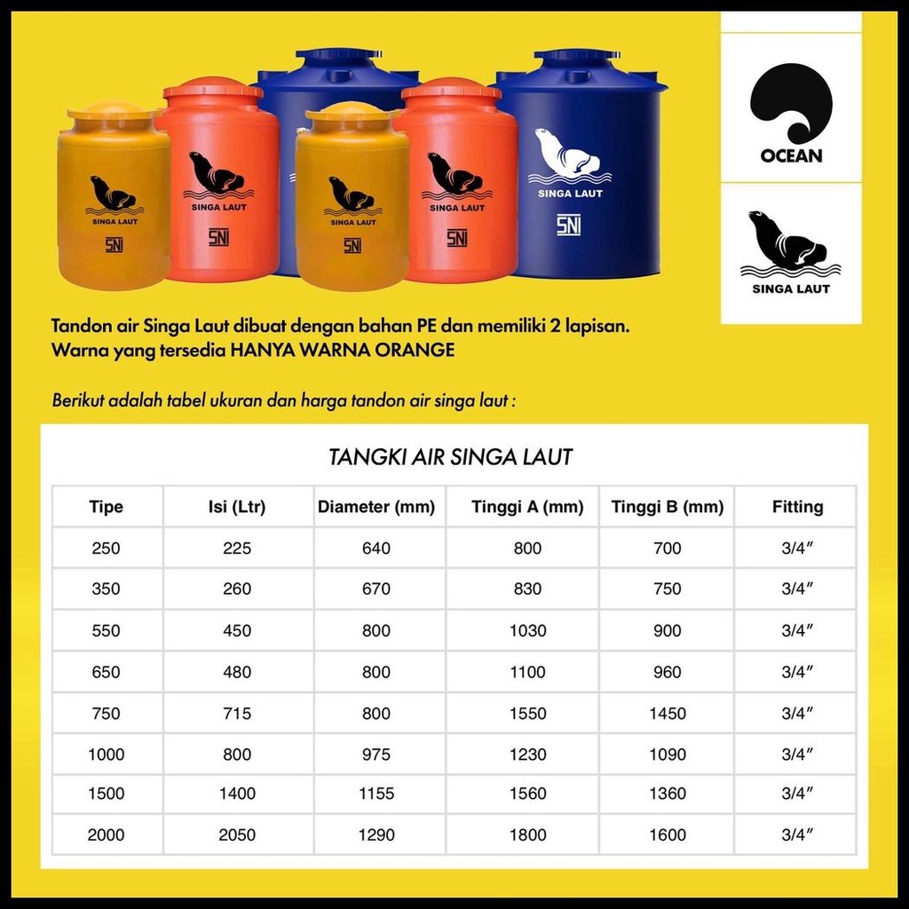 TOREN AIR / TANDON AIR / TANGKI AIR 250 350 500 650 750 1000 1500 2000 LITER SINGA LAUT (KHUSUS ARMA