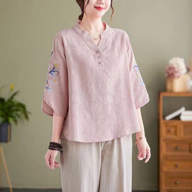 Chinese Style Cotton Linen Embroidered Blouse Chinese Style Linen Shirt Women