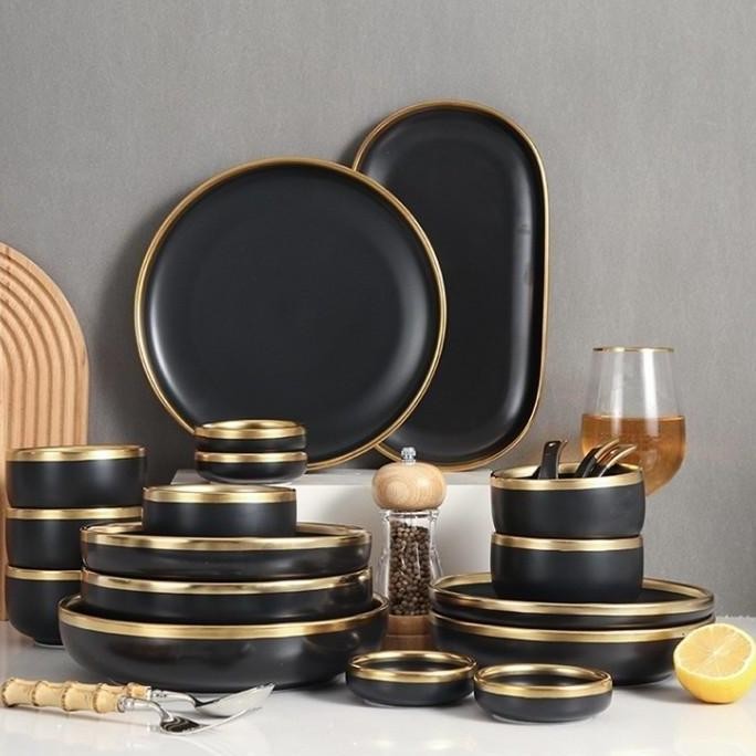 [ SATUAN ] Noire Black Gold Plate / Piring Keramik Hitam Emas BS