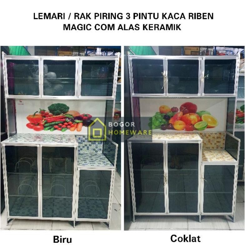 (Khusus Bogor) Rak Piring / Lemari Piring Kaca Riben 3 Pintu Magic Com Alas Keramik Nugi