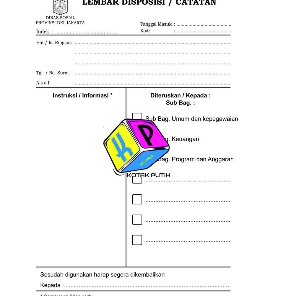 

Lembar Disposi rangkap 2 untuk perkantoran.Minimum Pesanan 20 Buku Nugi