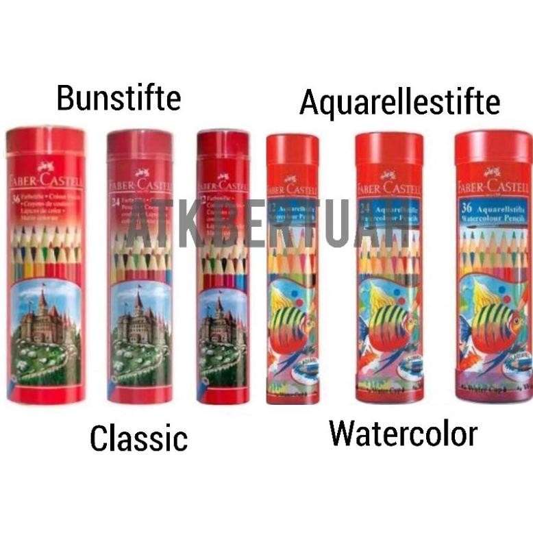 

FABER CASTELL ROUND TIN CLASSIC WATER COLOR PENCIL PENSIL WARNA TABUNG KALENG BULAT SET 12 24 36 Nugi