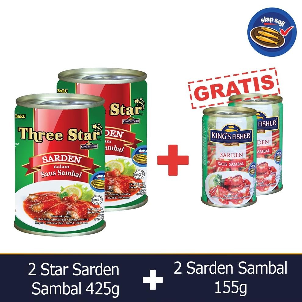 

NO_MORE Kings Fisher Three Star Paket 4 pcs Sarden saus sambal 425g 155g Makanan Kaleng