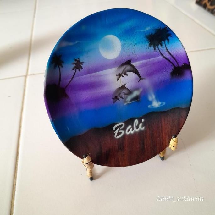 

^%^%^%^%] Hiasan meja Piring Kayu Lukis airbrush dengan tatakan besi