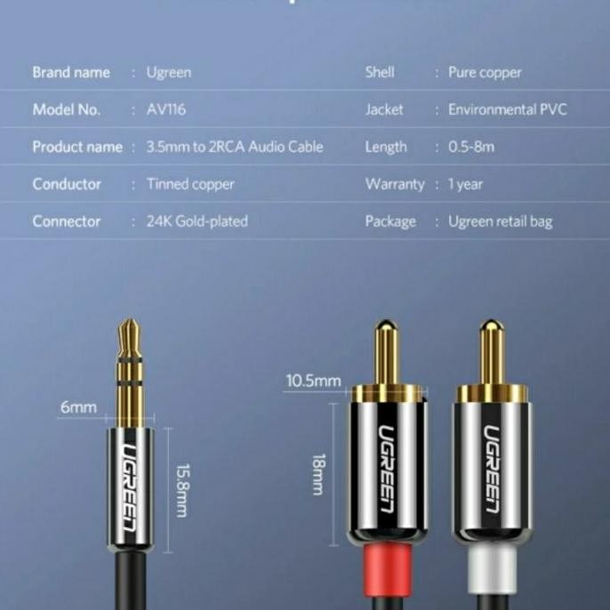 Ugreen Kabel Audio Aux Male 3.5Mm To 2 Rca Male 3 Meter