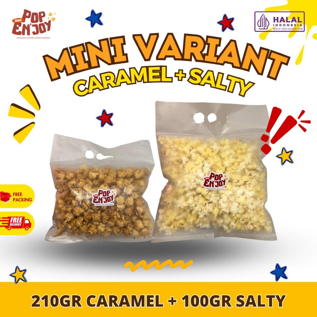 

[MIX KECIL] CARAMEL BUTTER SEA SALT POPCORN (230+120gr) - PopENjoy / 2 Rasa Camilan Crispy Popkorn Jagung Sehat Premium aSt