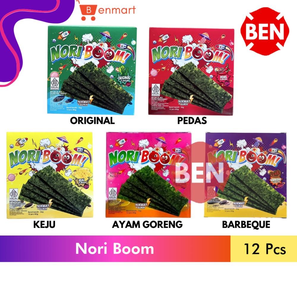 

Nori Boom Rumput Laut ORIGINAL / PEDAS / KEJU / AYAM GORENG / BARBEQUE 1 Box 12 Pcs Crispy Seaweed Cheese KUNING HIJAU MERAH aSt