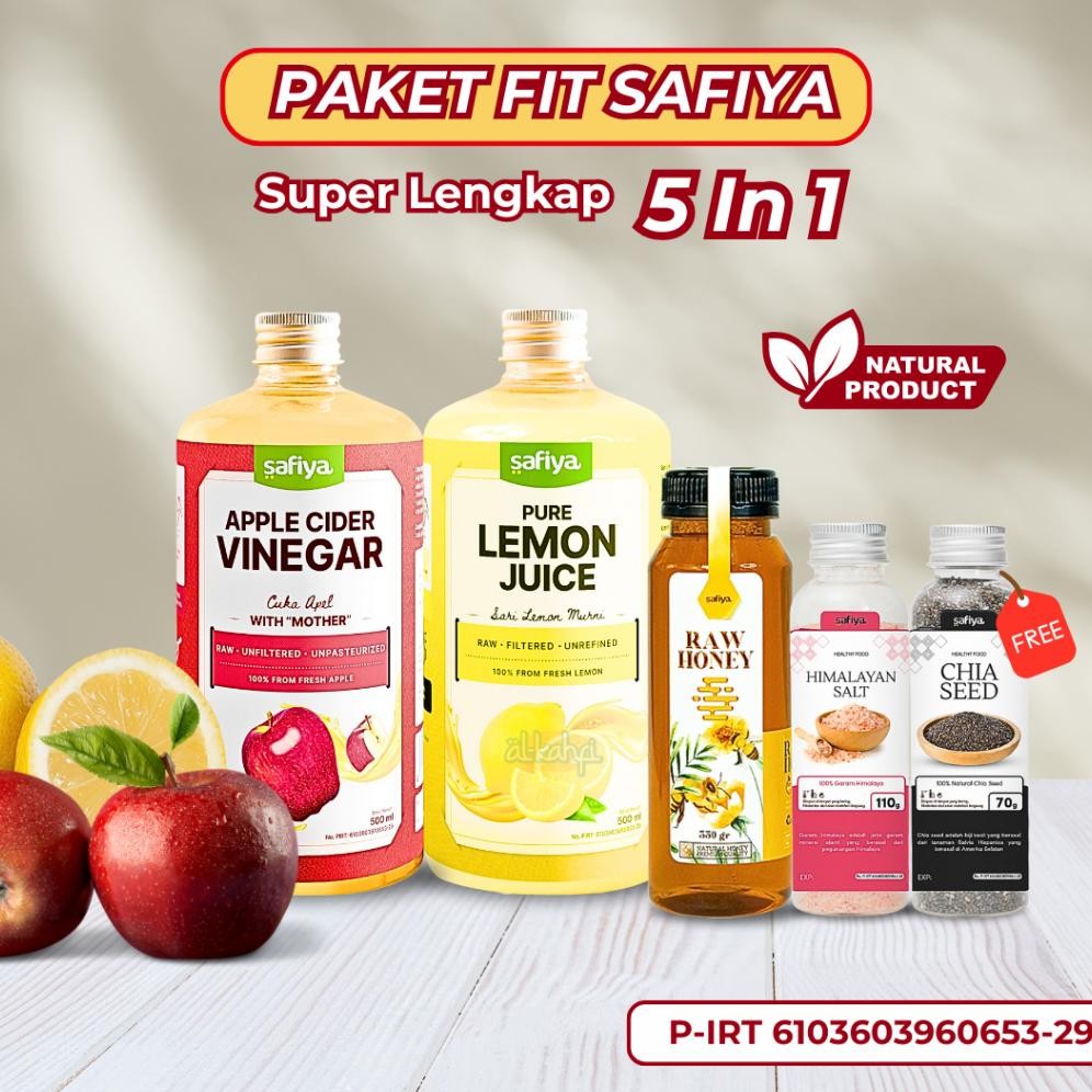 

[Paket Fit Safiya] Cuka Apel + Sari Lemon + Chia + Madu Asli + Garam Himalaya Premium Quality aSt