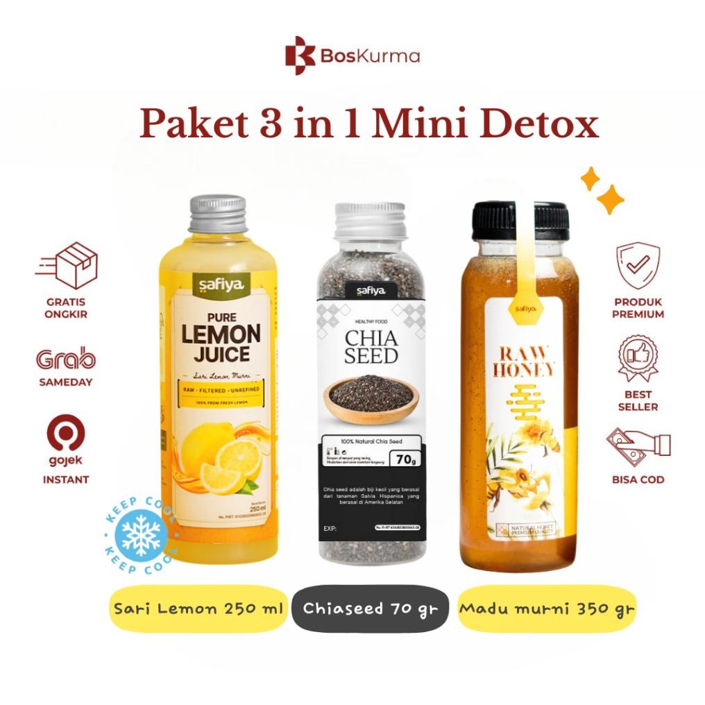 

[ 3 IN 1 Paket Mini Detox ] Sari Lemon 250ml Safiya + Chiaseed 70gr + Madu Murni 350gr aSt