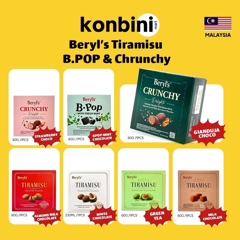

KONBINI MALAYSIA - Beryl's Chocolate Almond 65g Malaysia - Tiramisu Milk Choco, Bpop Mint Chocolate, Milk Chocolate, Gianduja, Strawberry Chocolate, White Chocolate, Green Tea, Coklat Beryls aSt