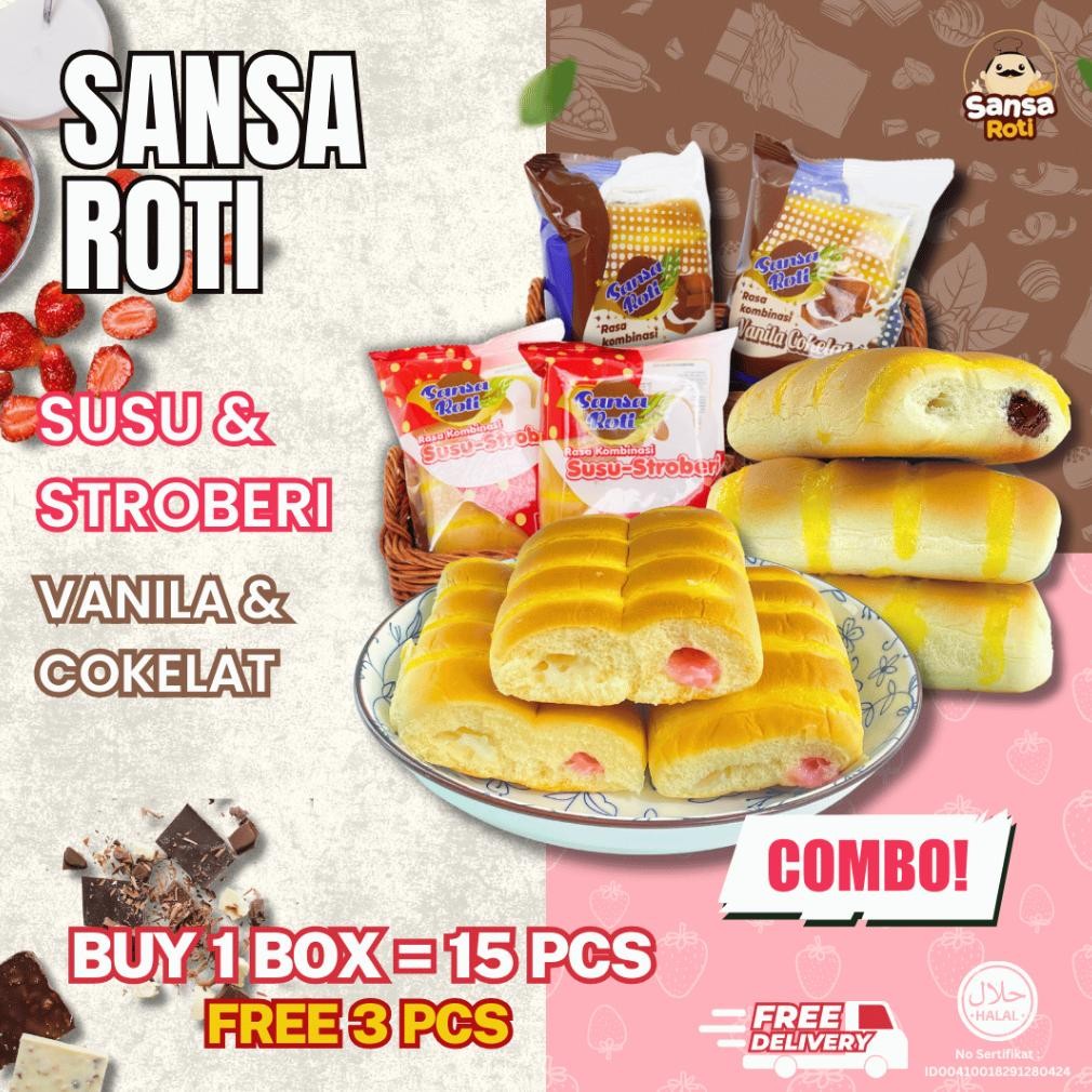 

Sansa Roti Mix 2 Rasa (SUSU STROBERI & VANILA COKLAT) isi 15 Pcs + (FREE 3 PCS) | Snack Roti Mix Strawberry Milk & Chocolate Vanilla Flavor Tekstur Lembut Halal aSt