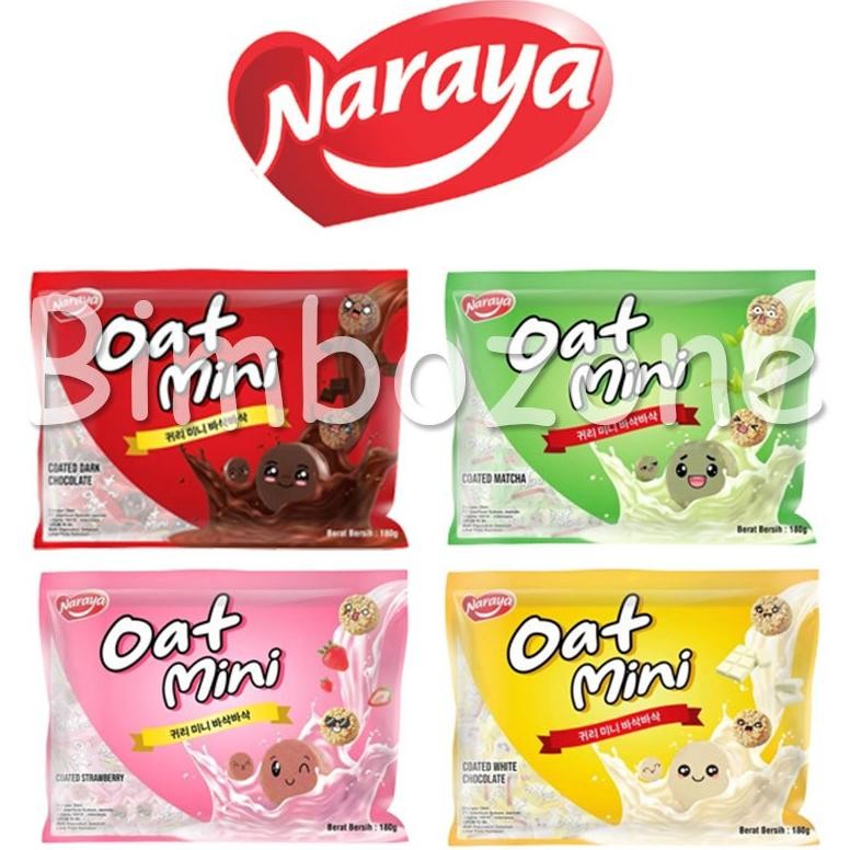 

Bimbozone - Naraya Oat Mini Oat choco Coated Matcha White Strawberry Dark Chocolate Kemasan Bag 180g aSt