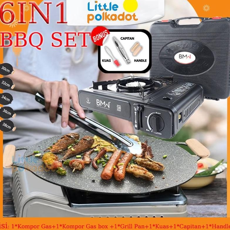 LittlepolkadotSet Grill Pan Dan Kompor Portablea Wooden Handle Alat Panggangan BBQ Grill Pan Set gri