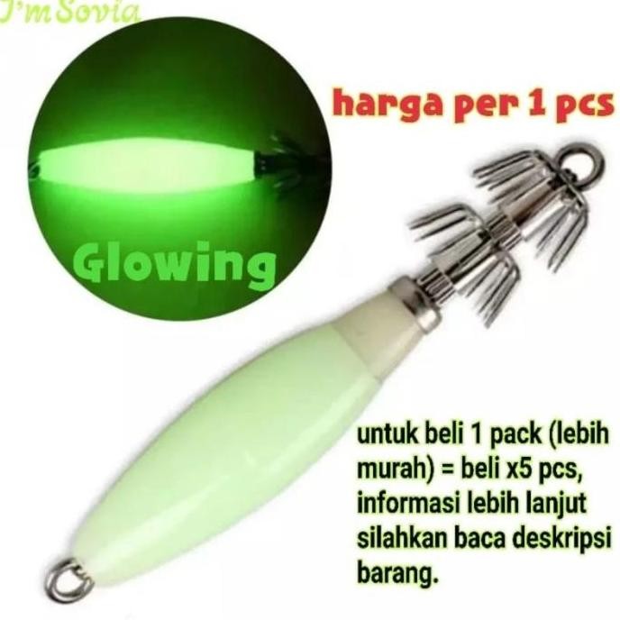 umpan cumi model apollo luminous squid jig hook glow in the dark stok terbatas