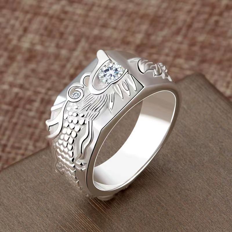 S925Silver Dragon Ring for Men, Dominant Simple Fashion Ring, Single Diamond Ring, Light Luxury Nich