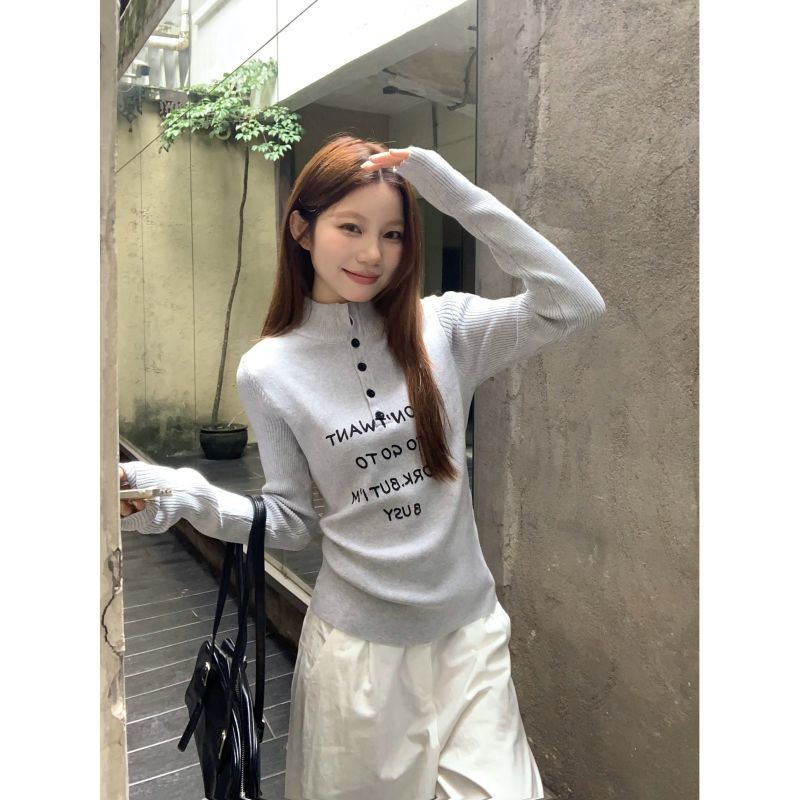 Crunchy Brulee Sweater Rajut Huruf Amerika Abu-Abu  Kemeja Polo Kerah Wanita  Atasan Lengan Panjang 