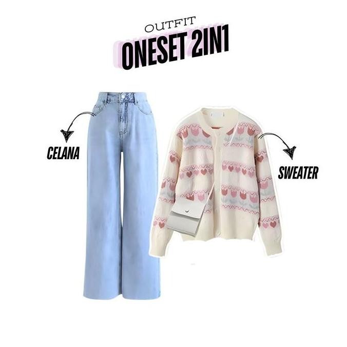 ONE SET 3IN1 CARDAN KARDAN RAJUT MOTIF BUNGA TULIP CELANA JEANS HHWAIST CULLOTE LOOSE PANTS JILBAB B