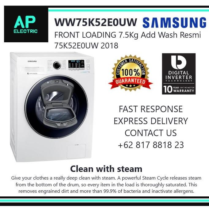 SAMSUNG WW75K52E0UW FRONT LOADING 7.5Kg Add Wash Resmi 75K52E0UW 2018