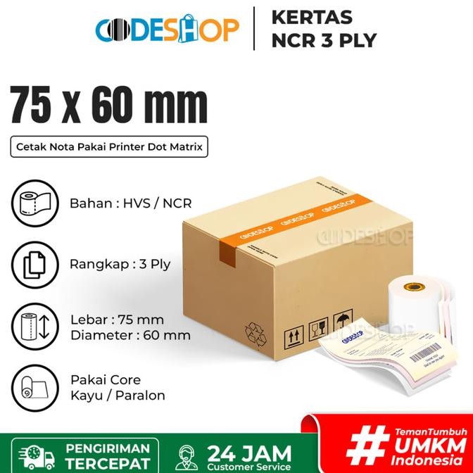 

Codeshop Kertas Struk 3 Ply 75x60 Printer Kasir Dot Matrix 100 Roll