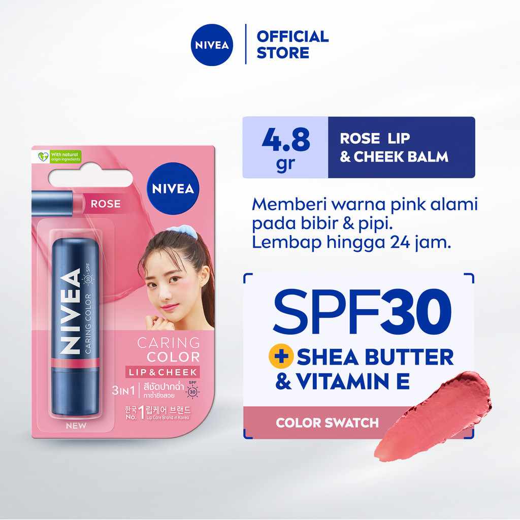 NIVEA Lip Balm Caring Color Rose 3 in 1 SPF 30 4.8gr - Pelembap bibir warna pink tinted pigmented me