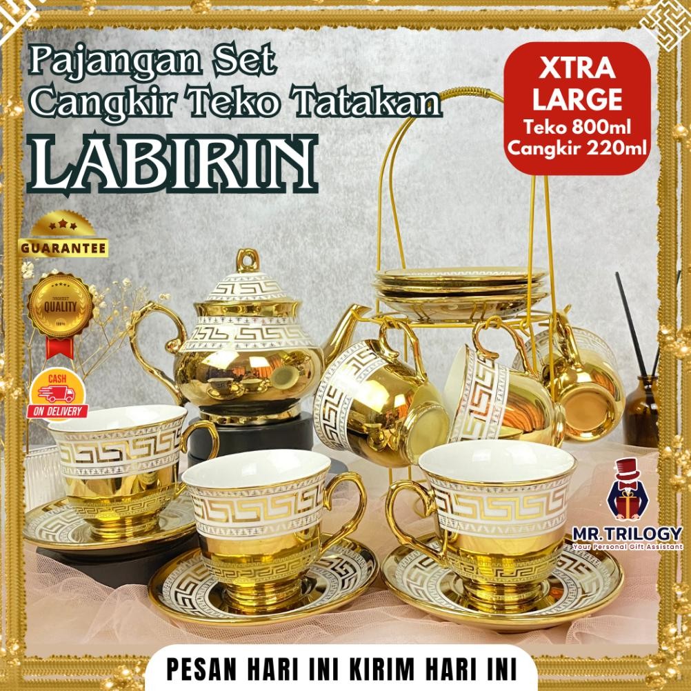 Hampers Tea Set Keramik Cangkir Teko Tatakan LABIRIN Pajangan Set Souvenir Gelas Mug Mewah